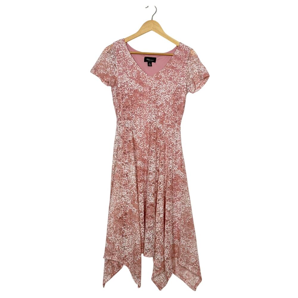 RN Studio Lace Overlay Dress Size 4 Petite Pink Floral Handkerchief Hem Fairy